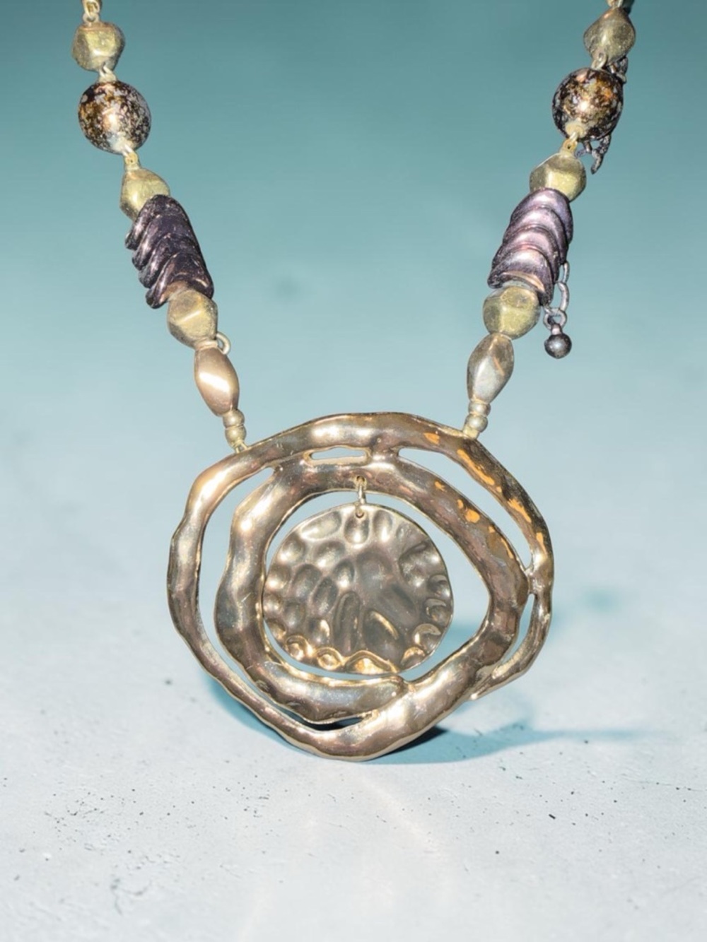 Chico's Gold and Purple Hammered Pendant Necklace